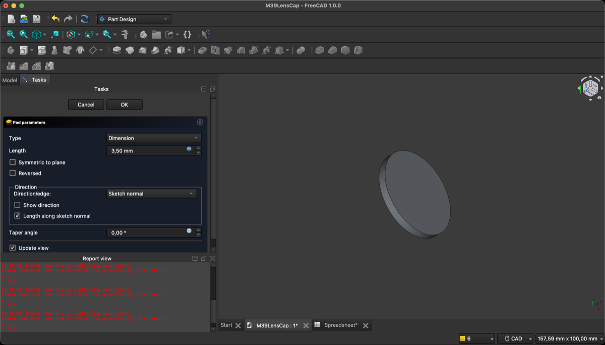 Parametric 3D model of the custom lens cap in FreeCAD, shown alongside the spreadsheet with linked dimension values