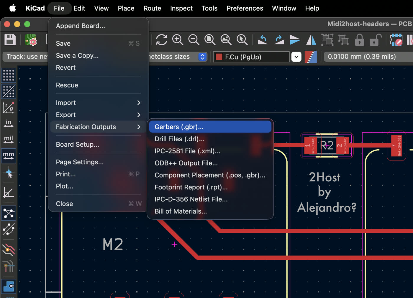 KiCad File menu open showing the Fabrication Outputs submenu with Gerbers (.gbr) option highlighted
