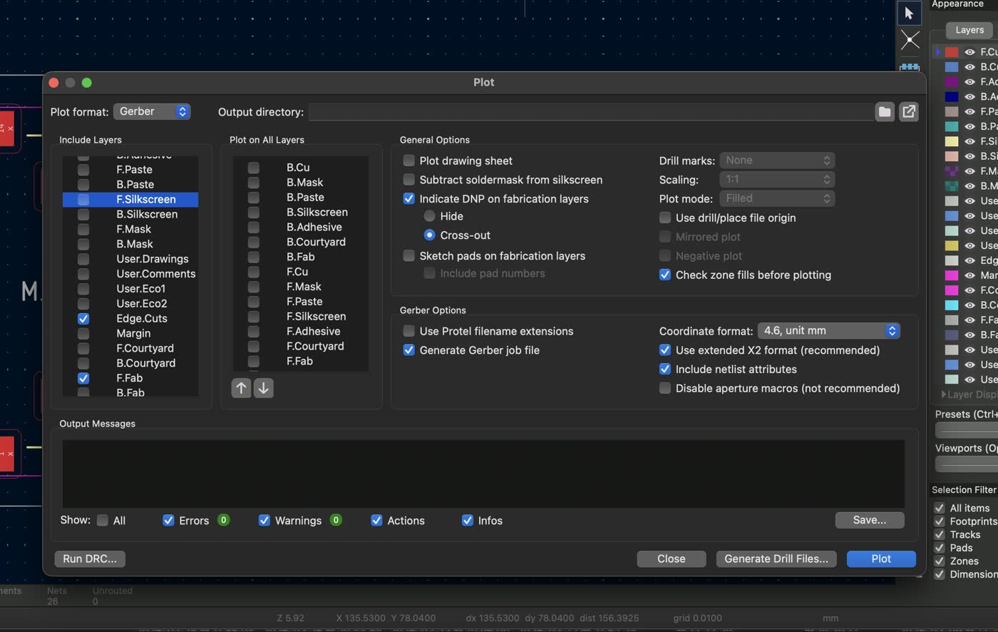 KiCad Plot dialog showing Gerber format selected with a checklist of layers to export including copper, silkscreen, and courtyard