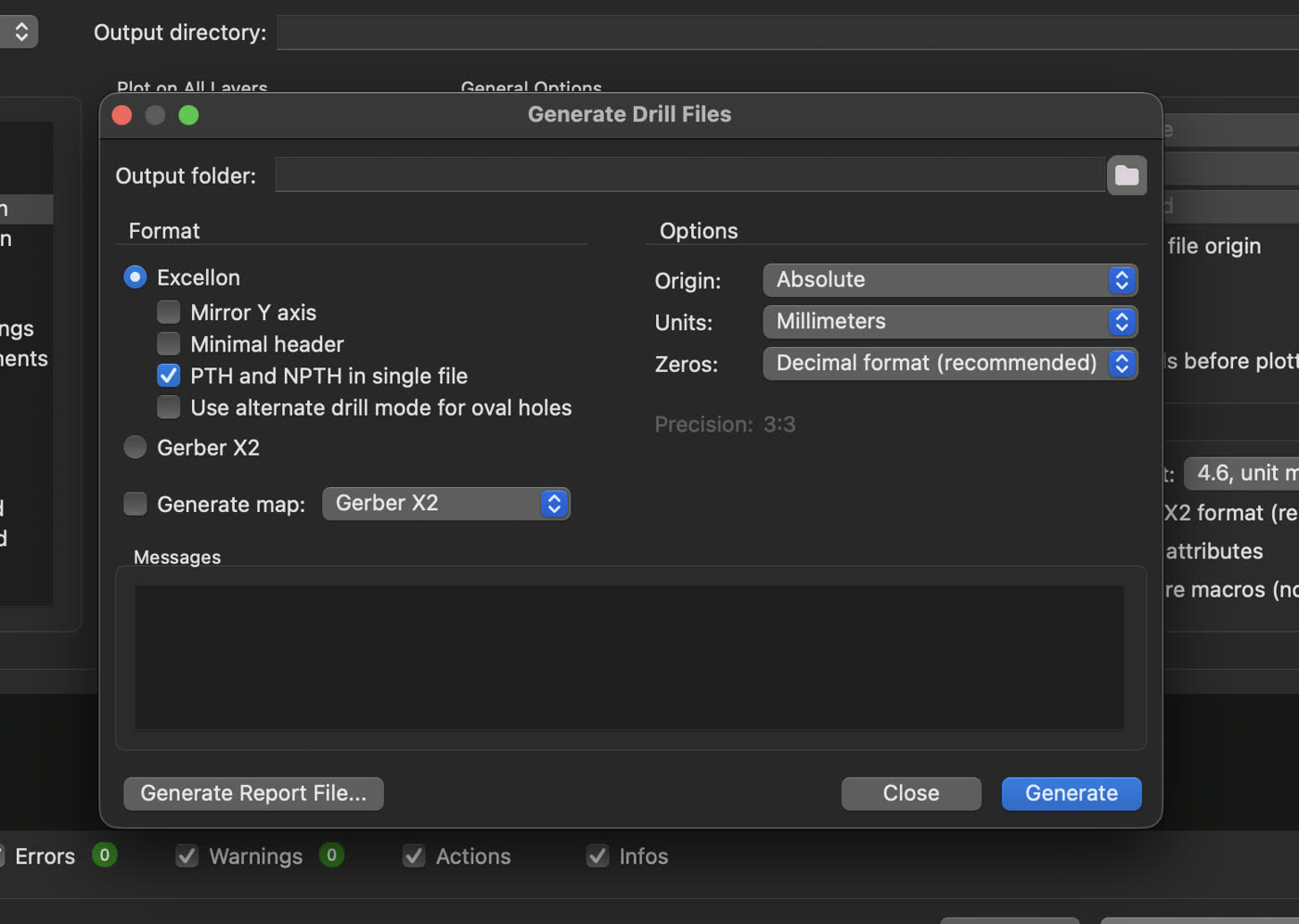 KiCad Generate Drill Files dialog showing Excellon format, absolute origin, and millimetres selected