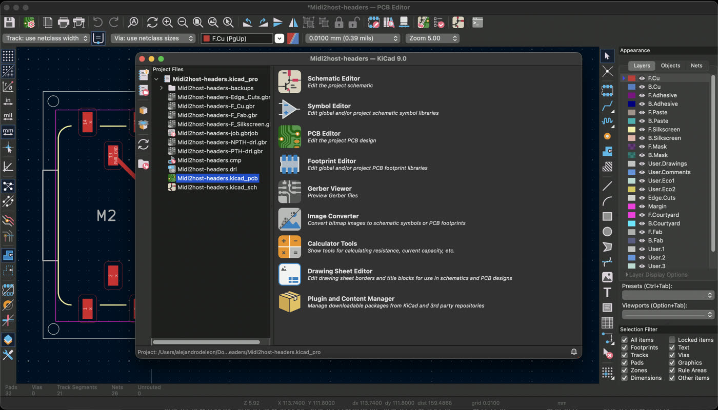 KiCad 9.0 project manager home screen showing all project files for the Midi2host-headers design