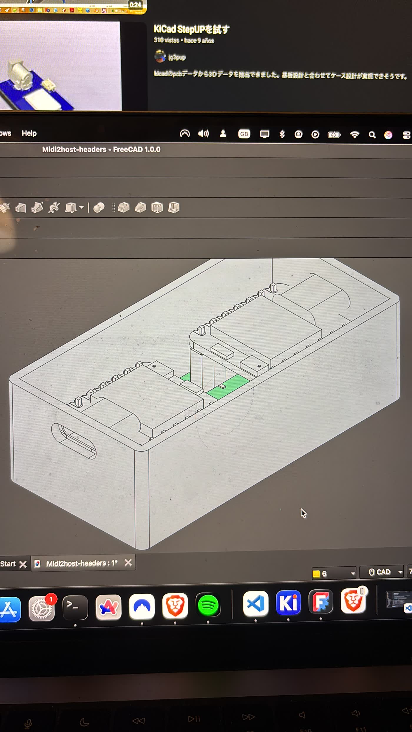 FreeCAD model of a protective case for the MIDI Bridge board, designed using the KiCad StepUp module to import the PCB's accurate 3D geometry