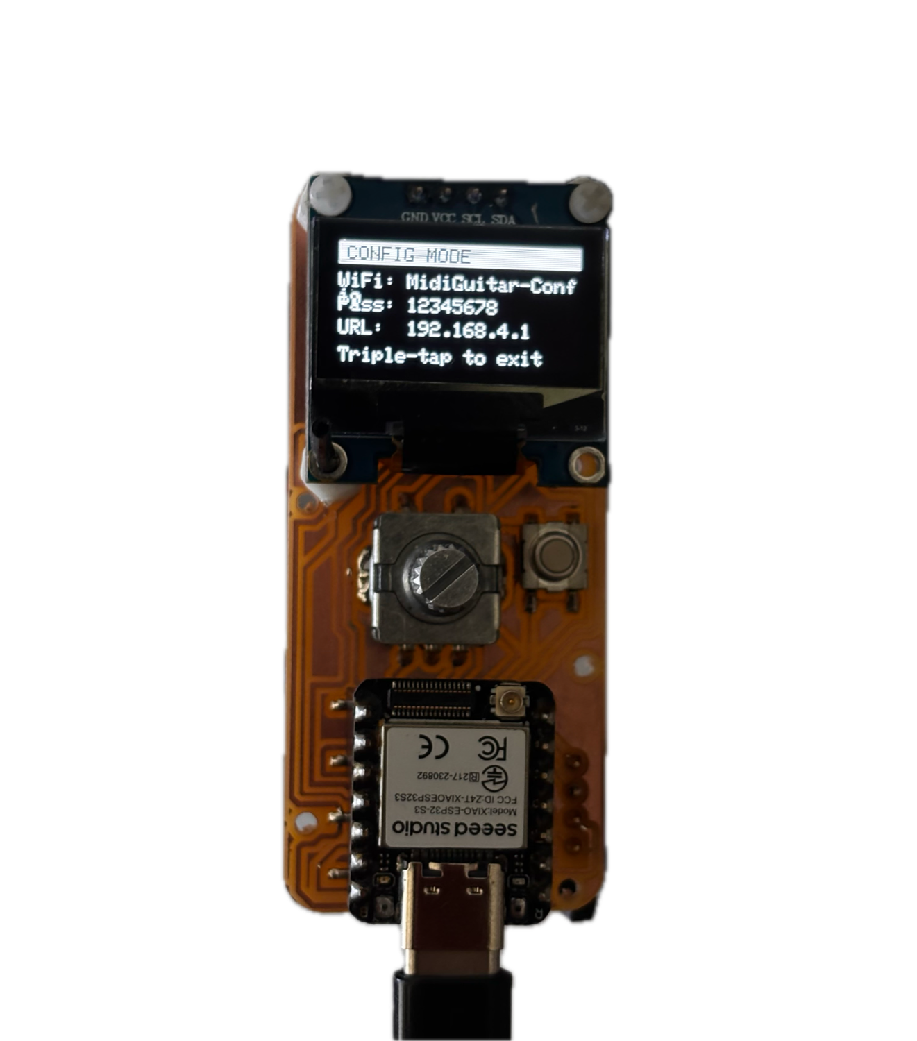 XIAO ESP32-S3, VL53L1X time-of-flight sensor and SSD1306 OLED display wired together over the same I²C bus, photographed with the background removed