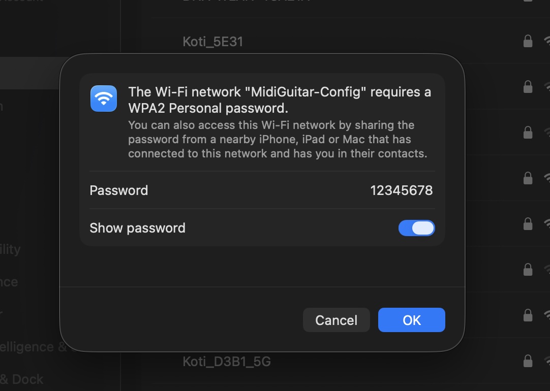 Browser open at 192.168.4.1 showing the MIDI Guitar configuration page with sliders for MIDI channel, CC numbers, sensor range and LED brightness