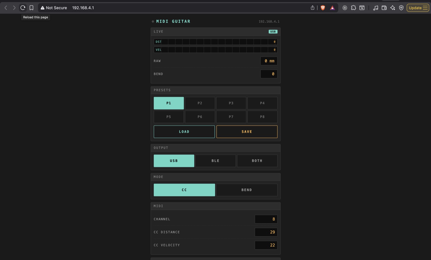 Browser configuration page after a slider has been dragged, showing updated MIDI CC and sensor-range values