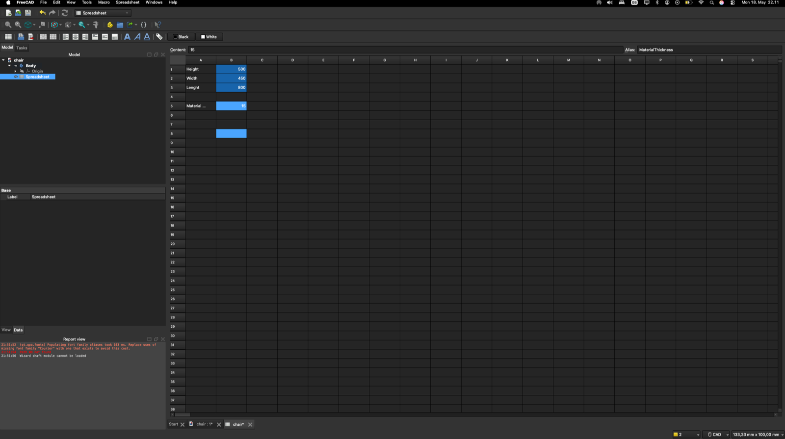 FreeCAD Spreadsheet workbench showing aliases for Height, Width, Length and MaterialThickness