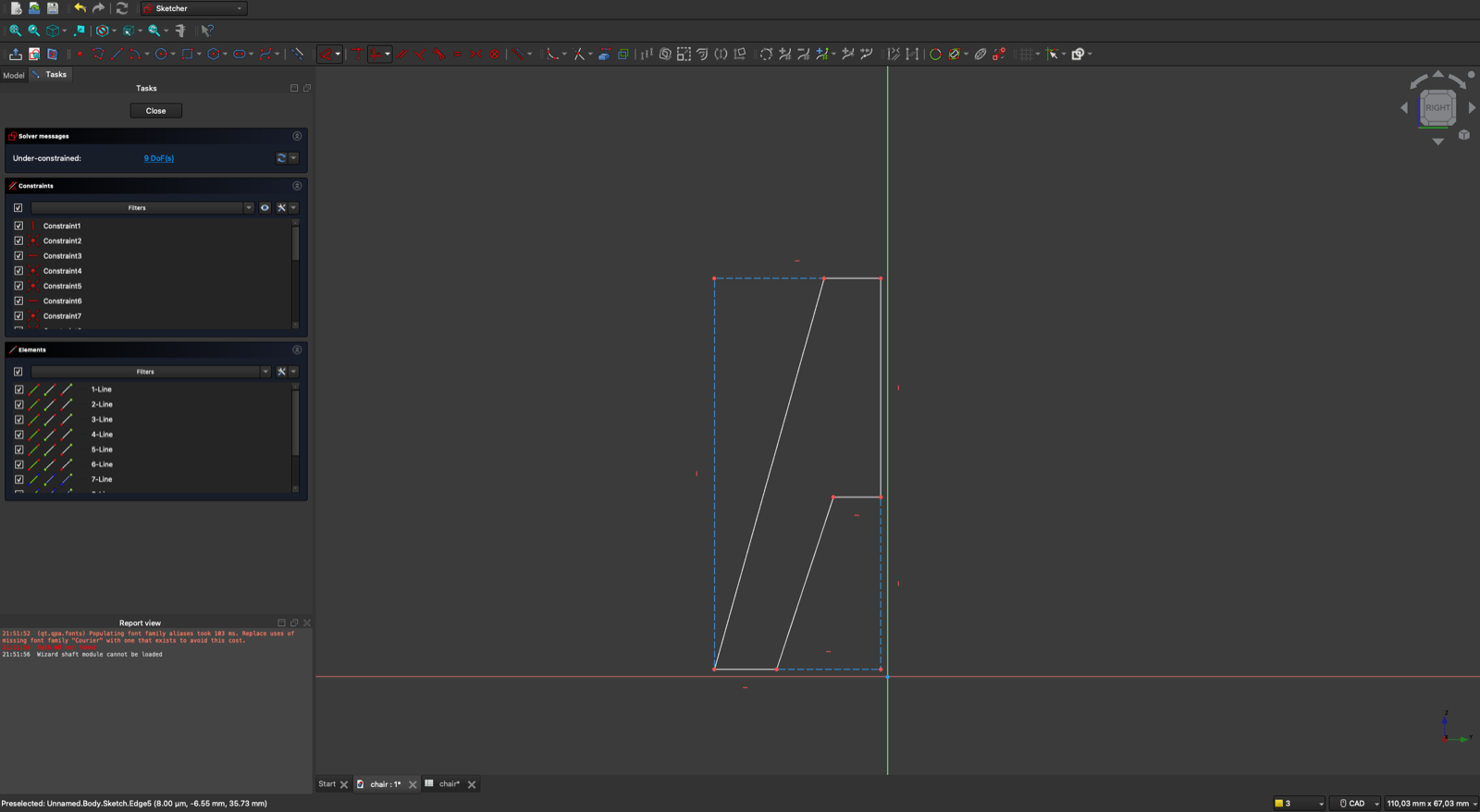 FreeCAD sketcher showing one half of the leg profile with finger joint slots