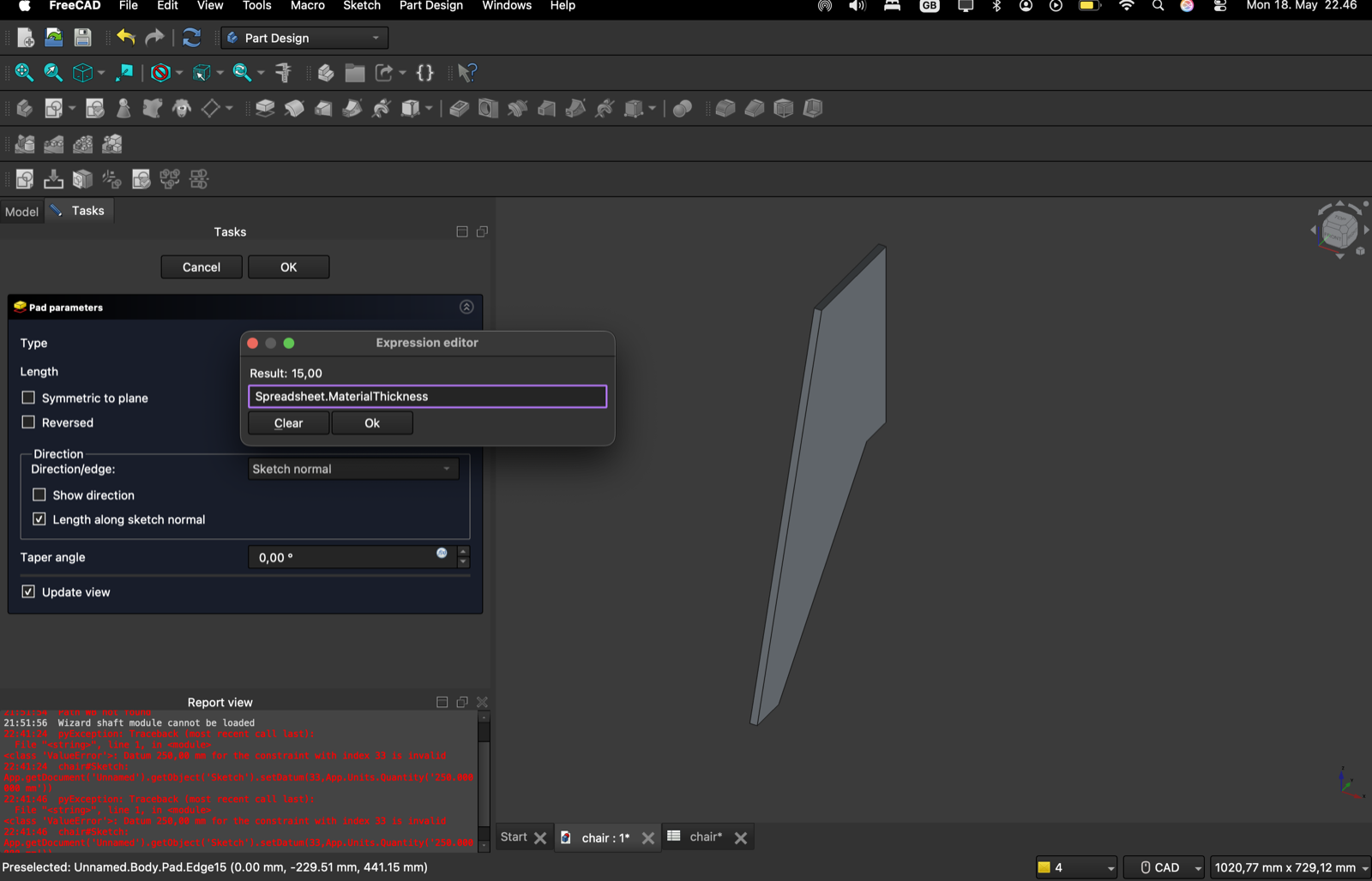 FreeCAD Pad parameters dialog with the Expression editor open, showing Length bound to Spreadsheet.MaterialThickness