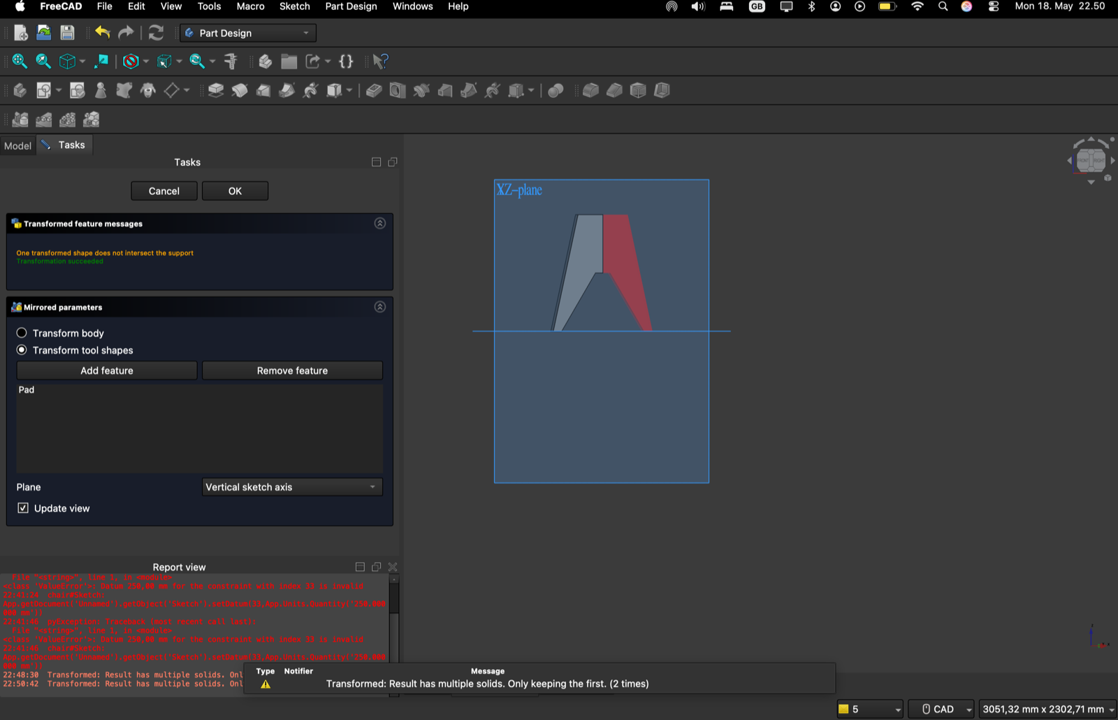 FreeCAD Mirrored feature dialog with the half-leg pad turned into a full A-shape on the XZ plane