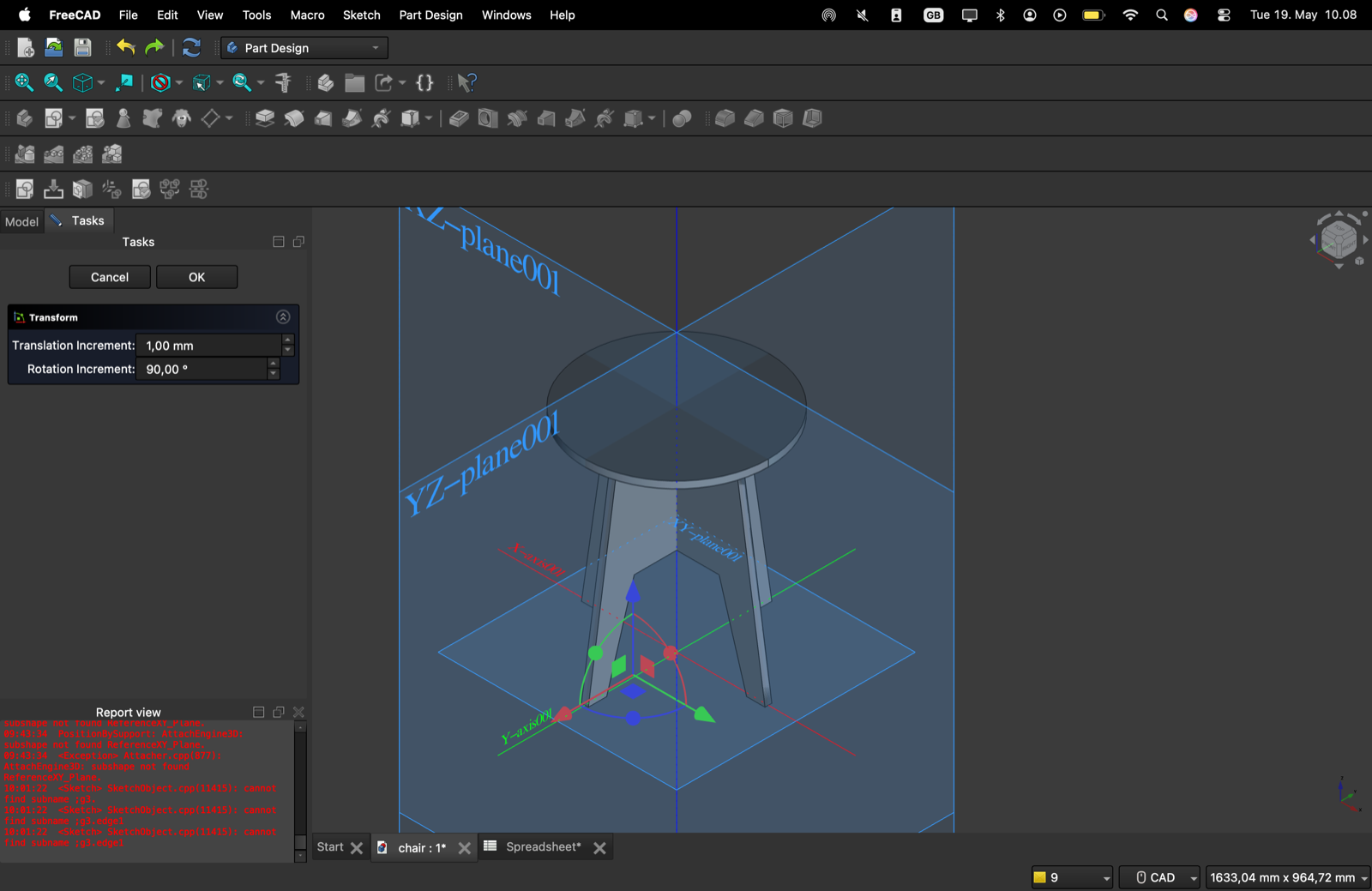 Isometric view of the parametric three-leg table in FreeCAD with the round top in place