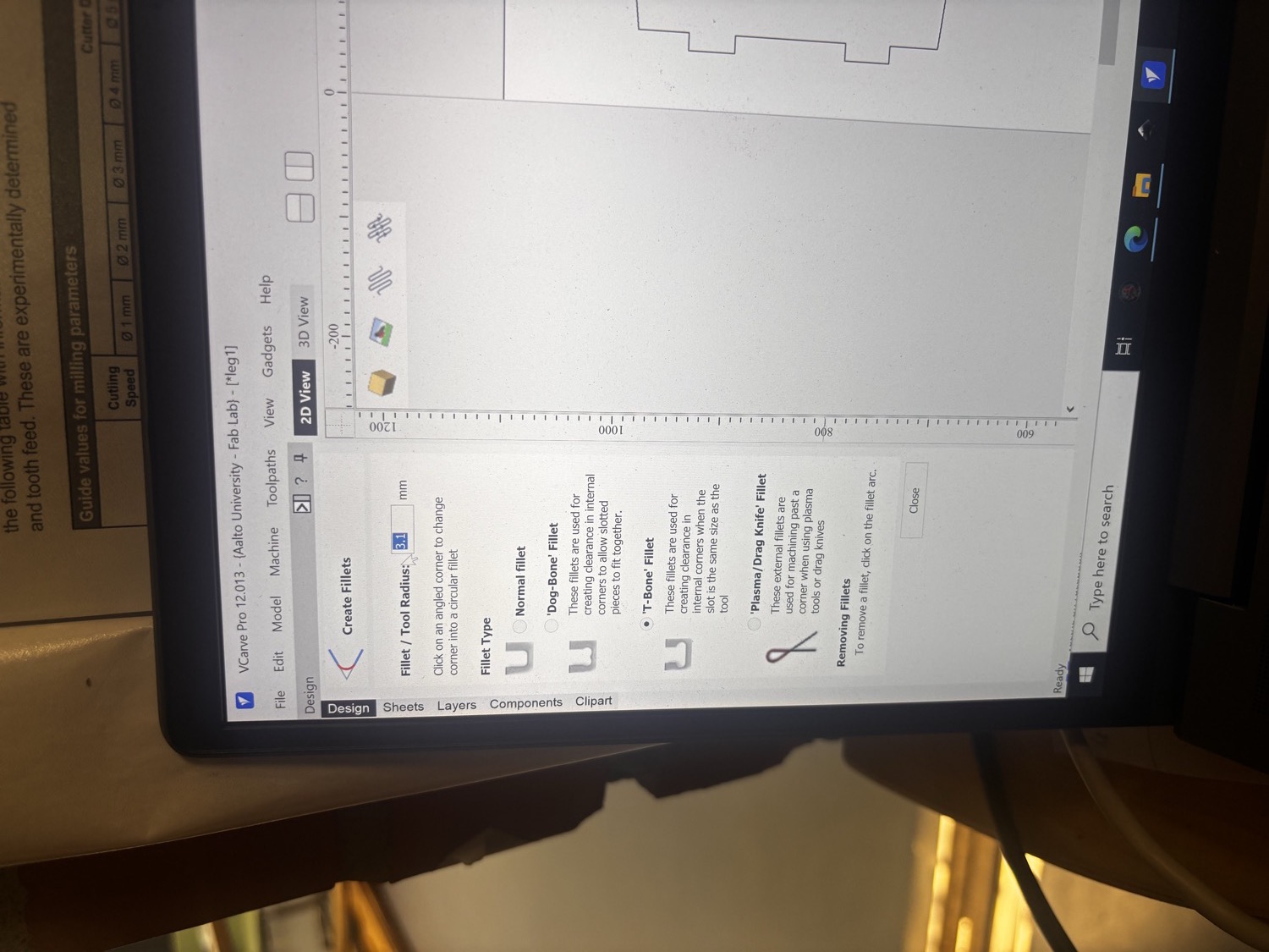 VCarve Pro Create Fillets dialog with T-Bone Fillet selected and tool radius set to 3.1 mm