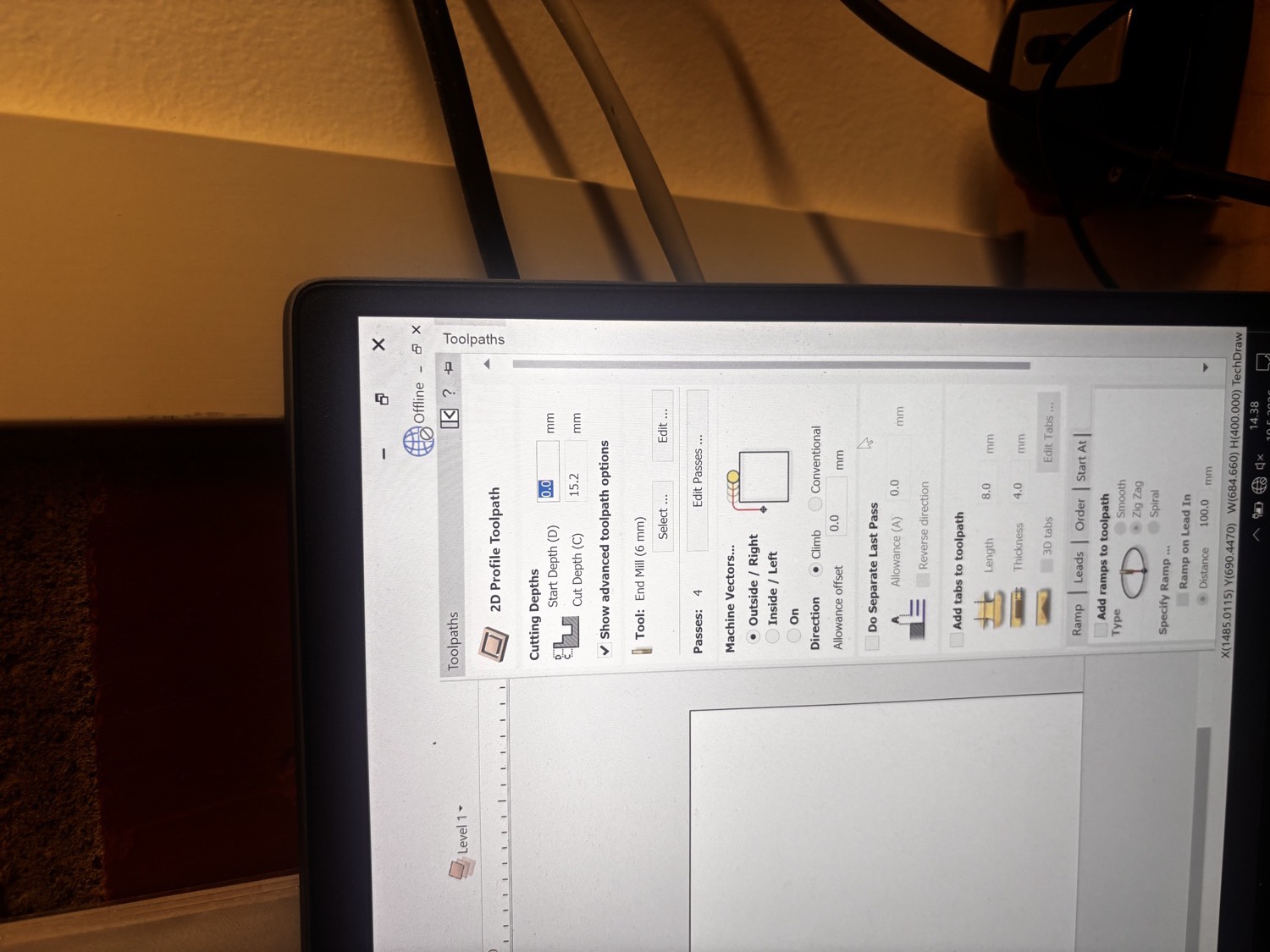 VCarve Pro 2D Profile Toolpath dialog showing Cut Depth 15.2 mm, End Mill 6 mm, 4 passes, Outside/Right, Climb direction and tabs configured at 8 mm long by 4 mm thick