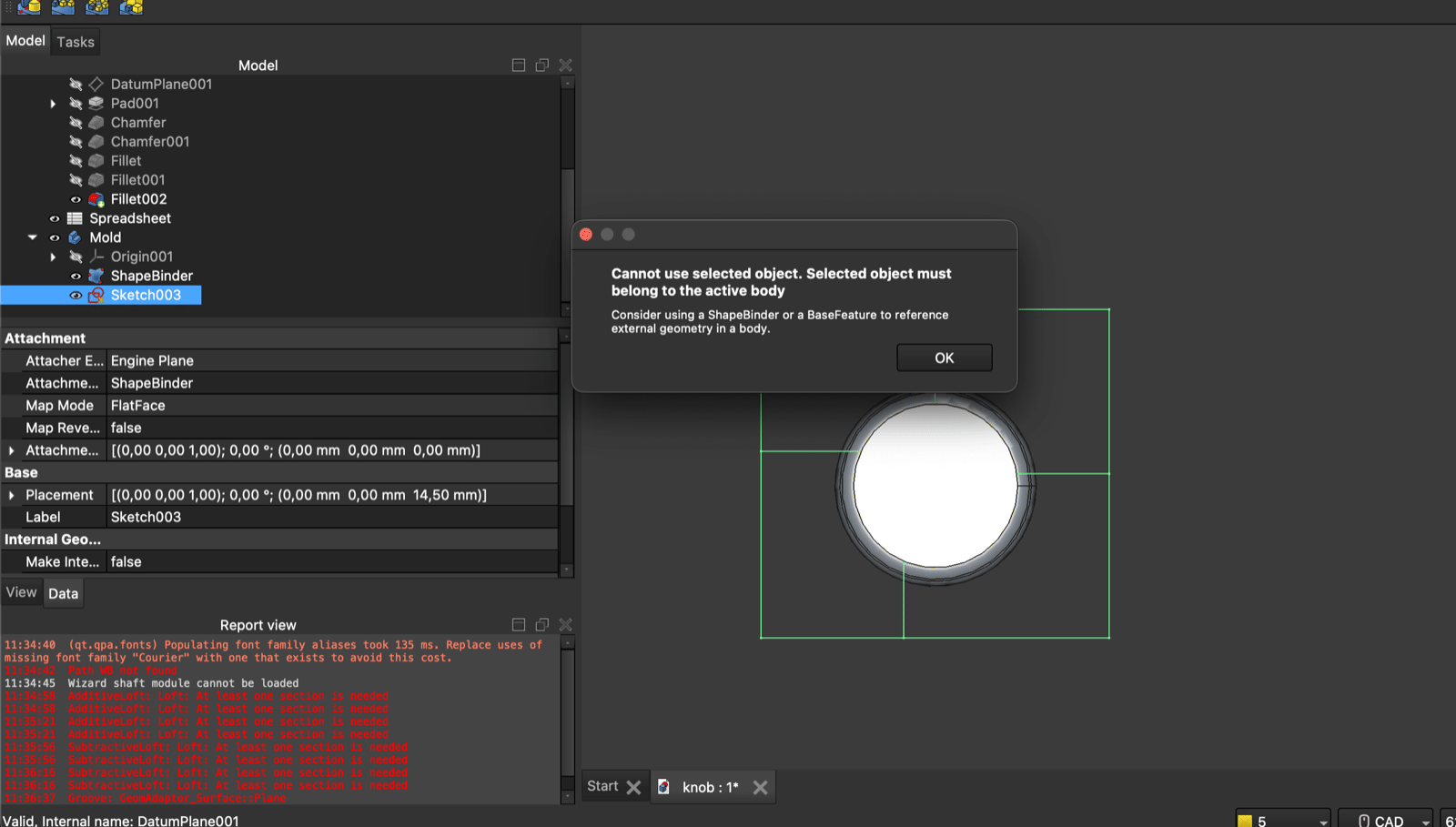 FreeCAD dialog reading Cannot use selected object, selected object must belong to the active body, with the Mold body and a ShapeBinder visible in the model tree