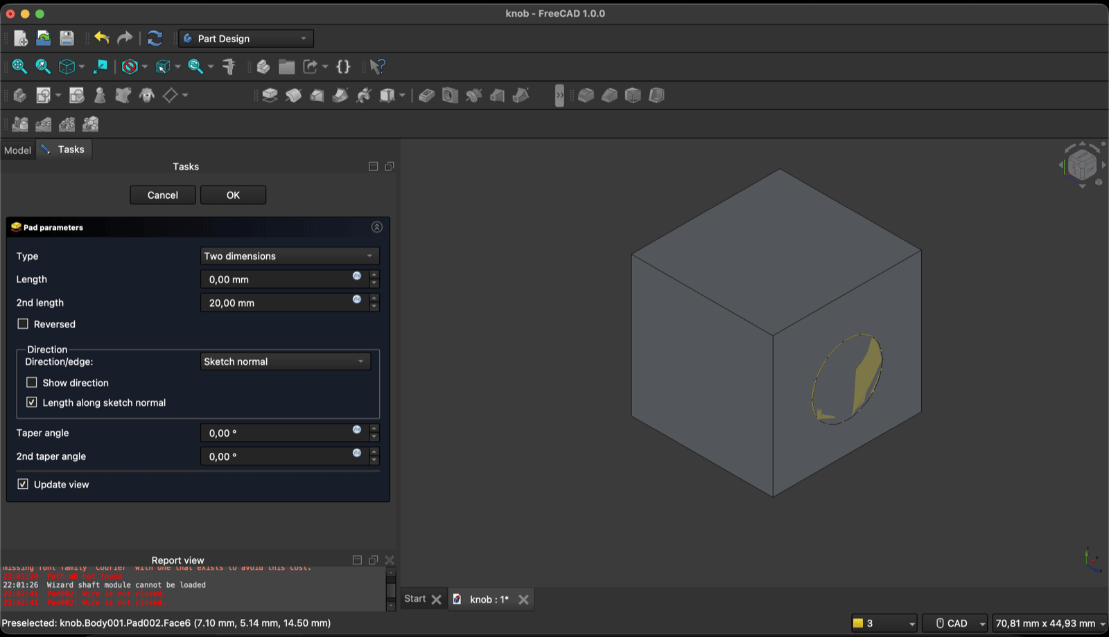 FreeCAD Pad parameters dialog set to Two dimensions with a 20 mm second length, applied to a sketch on the face of the mold block, with Wire is not closed errors in the report view