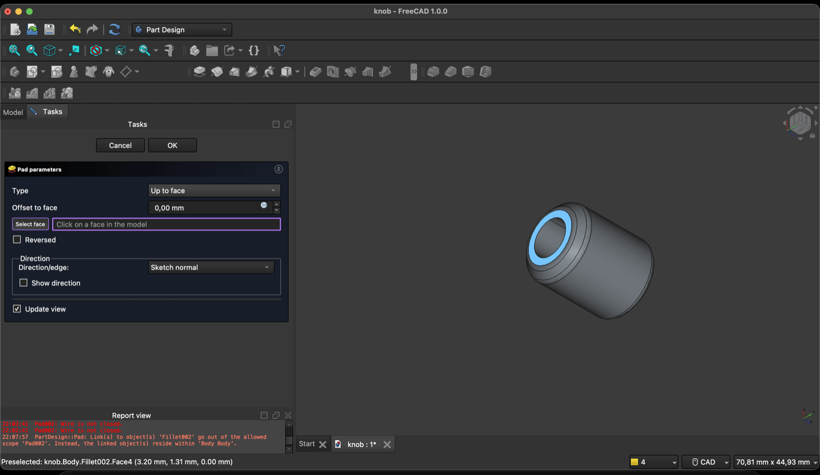 FreeCAD Pad parameters dialog with type Up to face and an empty Select face field, with the filleted knob shown alone in the 3D view