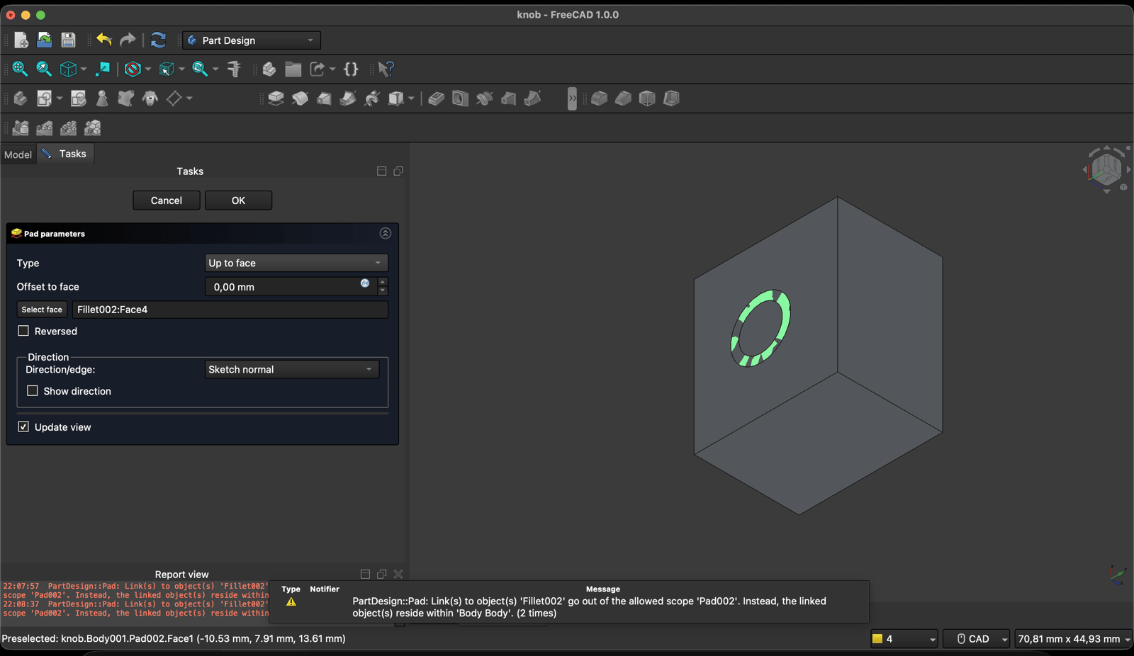 FreeCAD Pad parameters dialog with Fillet002:Face4 selected as the target face and a warning that links to Fillet002 go out of the allowed scope Pad002