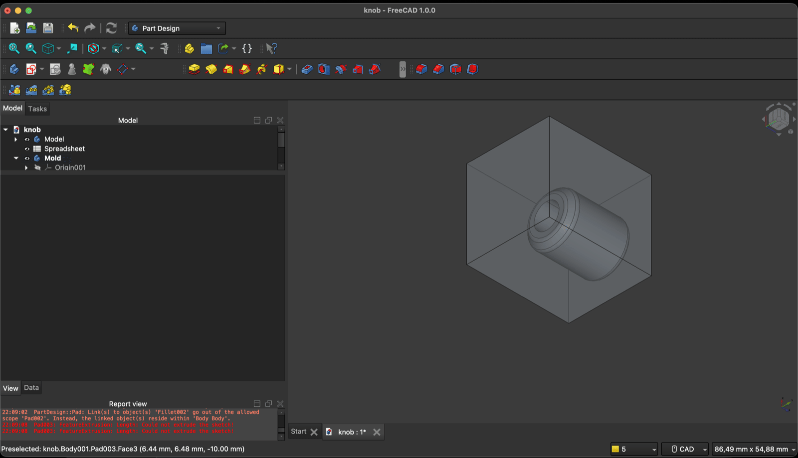 FreeCAD 3D view showing the knob positioned inside a transparent rectangular mold block, with Could not extrude the sketch errors in the report view