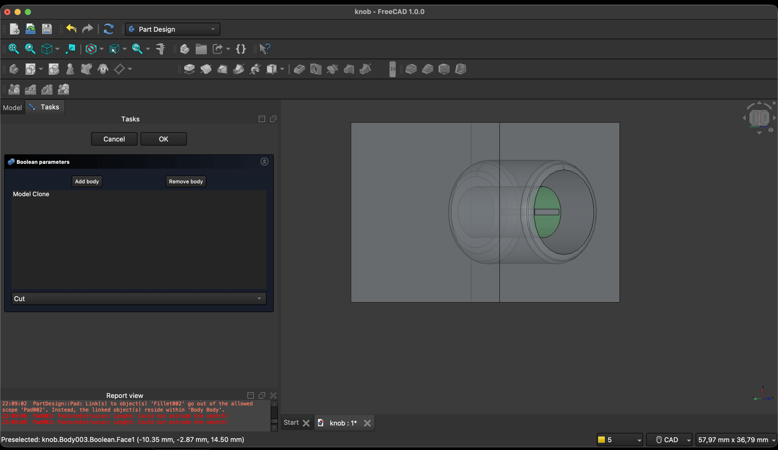 FreeCAD Boolean parameters dialog listing Model Clone as the body to subtract with the operation set to Cut, shown over a section view of the knob inside the block