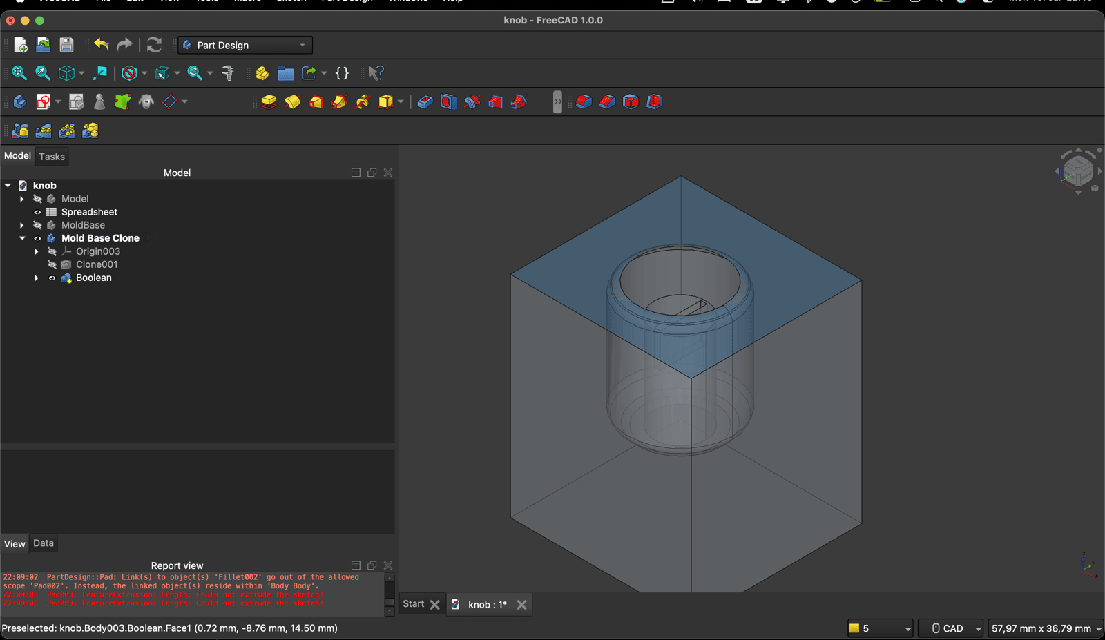FreeCAD 3D view of the finished mold block shown transparent, with a clean cylindrical knob-shaped cavity cut through the top face