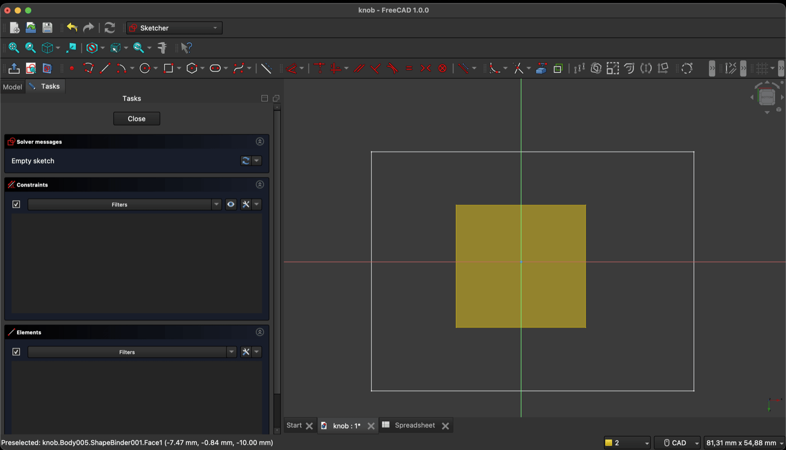 FreeCAD Sketcher with an empty new sketch, a yellow highlighted face in the 3D view, and the status bar reading Preselected knob.Body005.ShapeBinder001.Face1