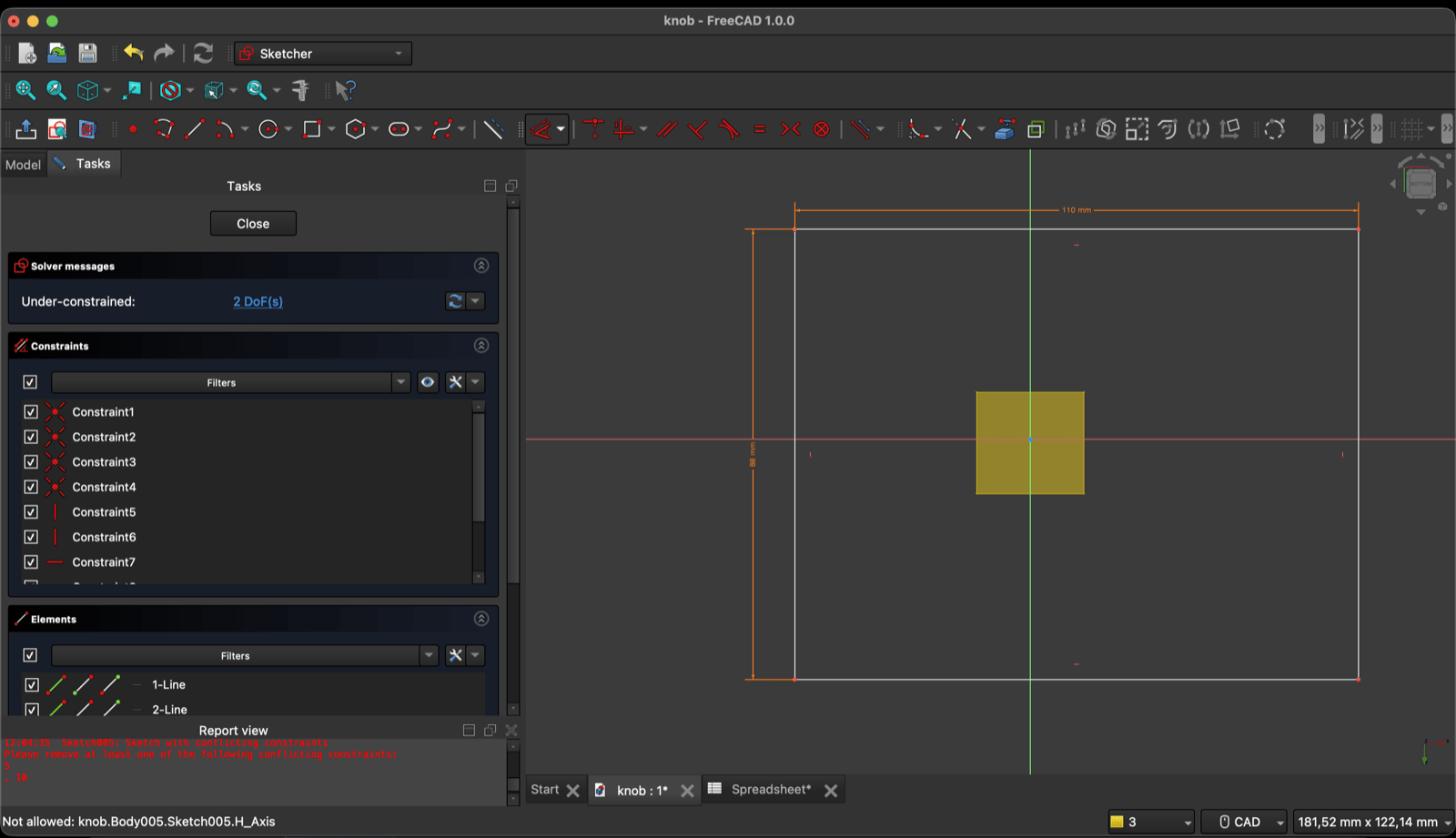 FreeCAD Sketcher showing a rectangle dimensioned 110 mm by 88 mm around a smaller highlighted face, solver reading Under-constrained 2 DoF, with conflicting constraint errors in the report view