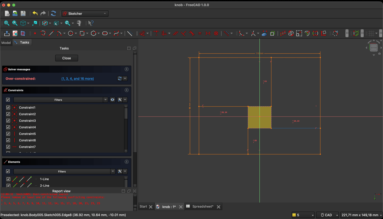 FreeCAD Sketcher with orange centring lines between the outer rectangle and the inner face, equal constraint labels, and the solver reading Over-constrained in red