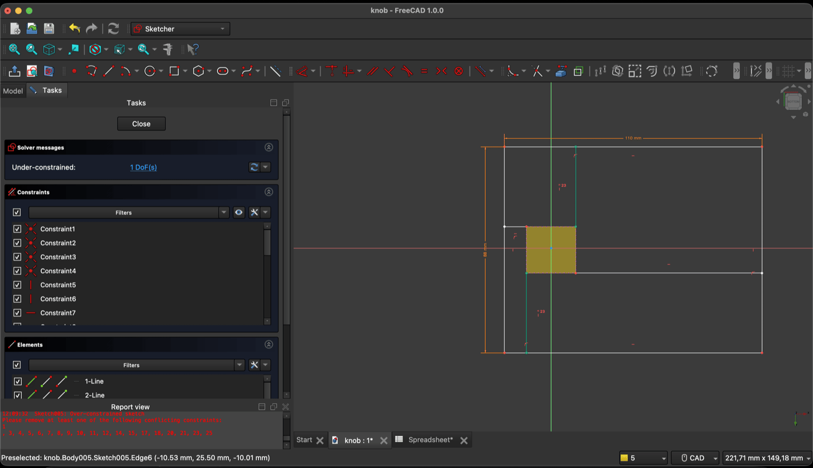 FreeCAD Sketcher after removing constraints, solver reading Under-constrained 1 DoF, with two equal constraint labels reading 23 on the vertical centring lines
