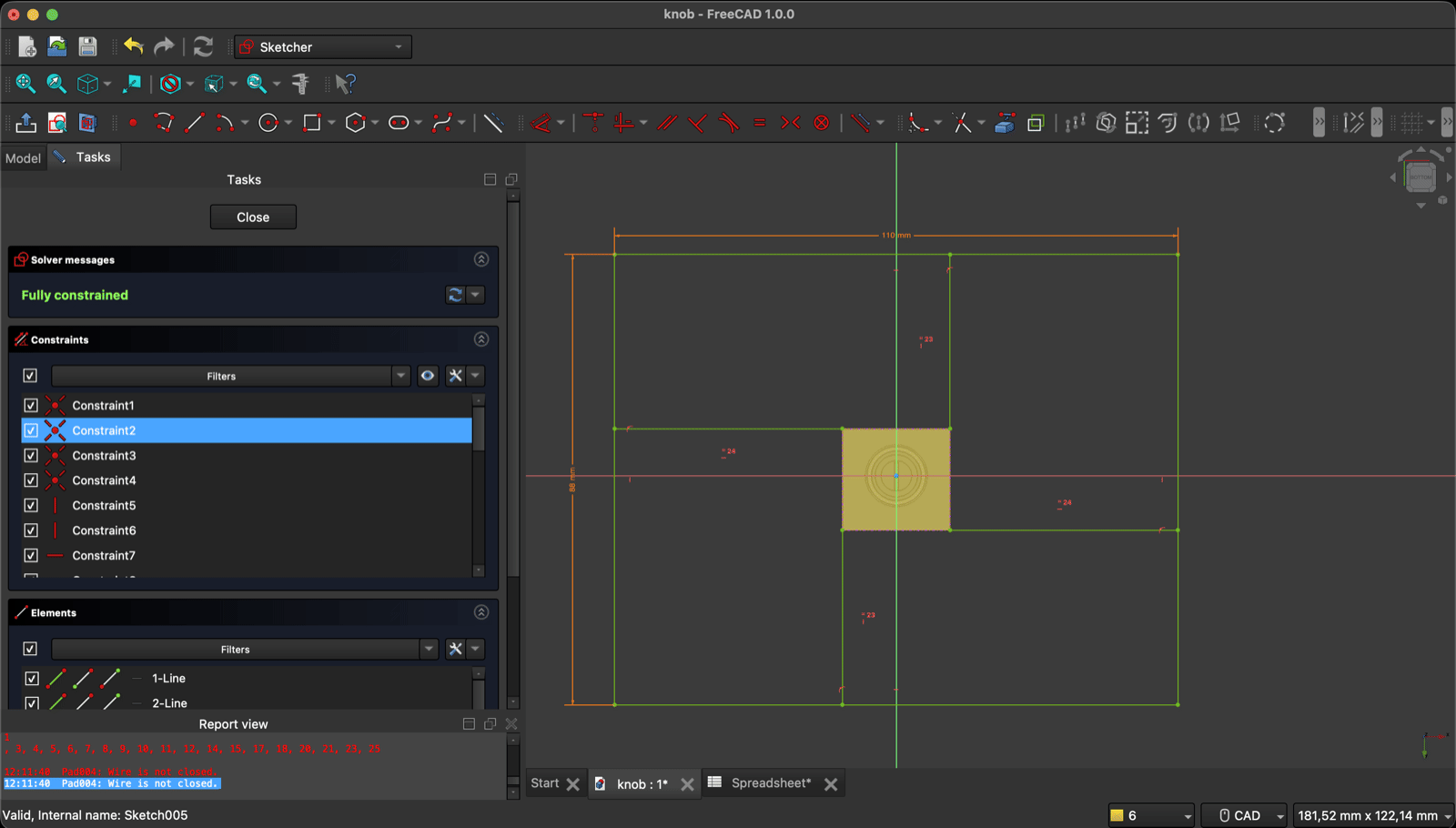 FreeCAD Sketcher with the outer rectangle and centring lines drawn green, all four gaps labelled with equal constraints, and the solver reading Fully constrained in green
