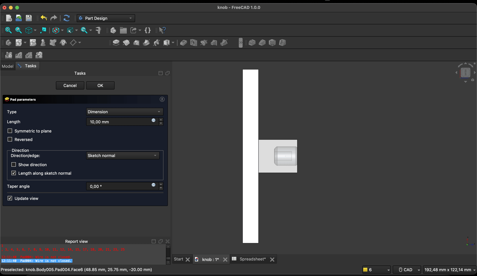 FreeCAD Pad parameters dialog with type Dimension and length 10 mm, the padded slab shown edge on in the 3D view with the mold block sitting off to one side of it