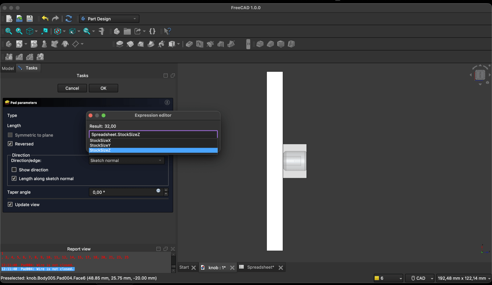 FreeCAD Expression editor over the Pad length field containing Spreadsheet.StockSizeZ, result 32, with an autocomplete list showing StockSizeX, StockSizeY and StockSizeZ