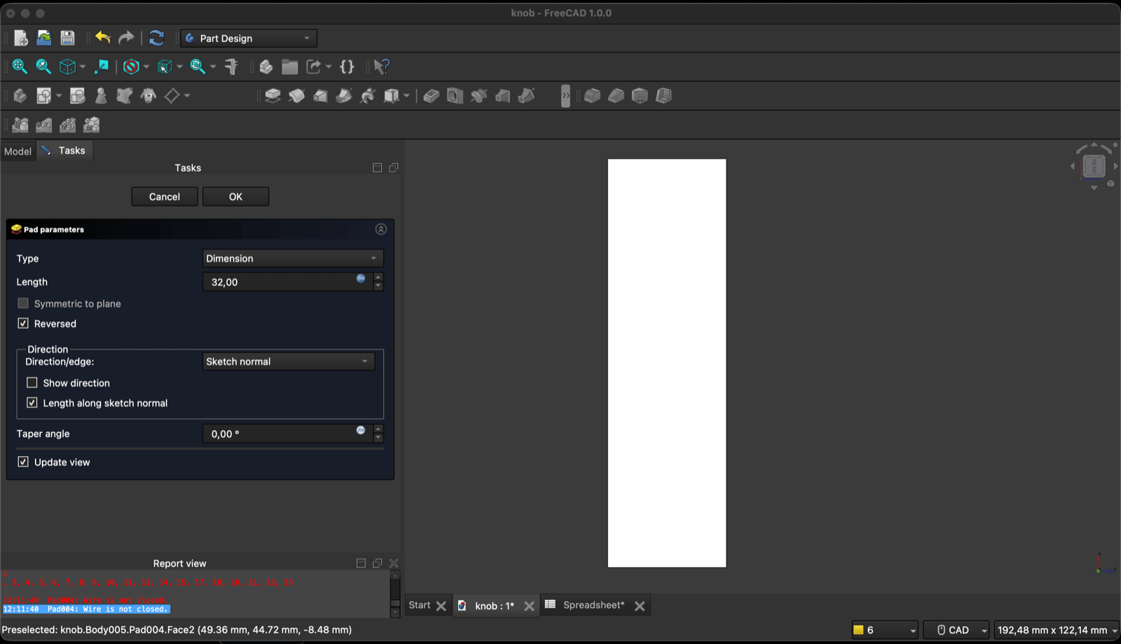 FreeCAD Pad parameters dialog with the length field showing 32,00 driven by an expression, and a thicker slab in the 3D view
