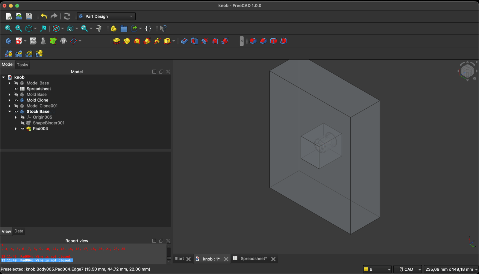 FreeCAD model tree listing Model Base, Spreadsheet, Mold Base, Mold Clone, Model Clone001 and Stock Base containing Origin005, ShapeBinder001 and Pad004, with the stock block and the knob inside it in the 3D view