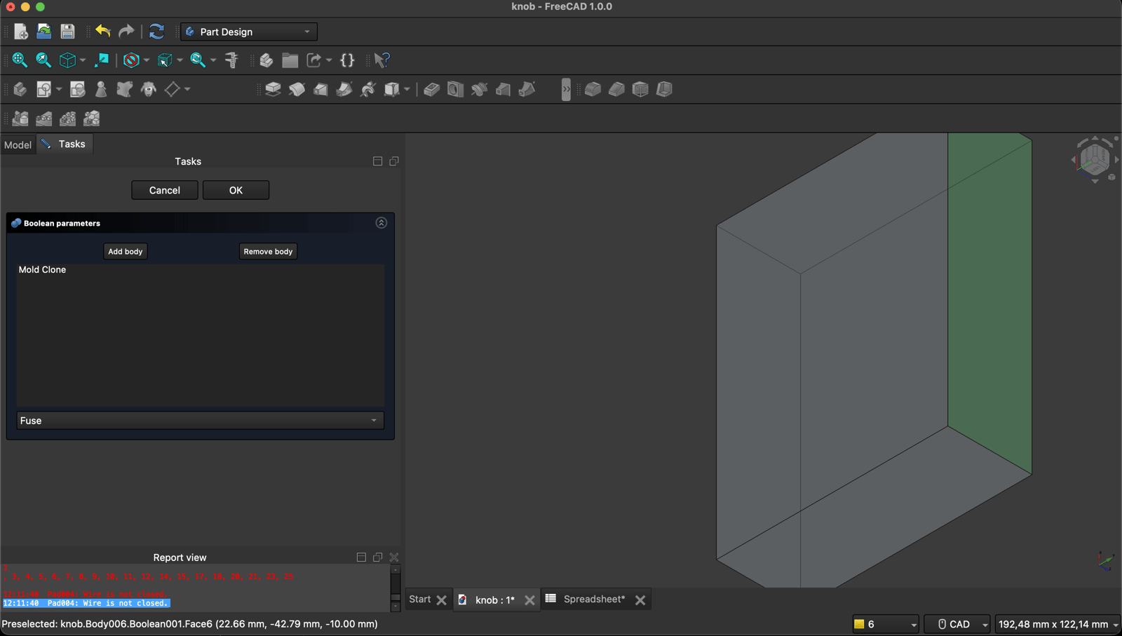 FreeCAD Boolean parameters dialog listing Mold Clone with the operation dropdown set to Fuse, and the stock block in the 3D view with one face shaded green