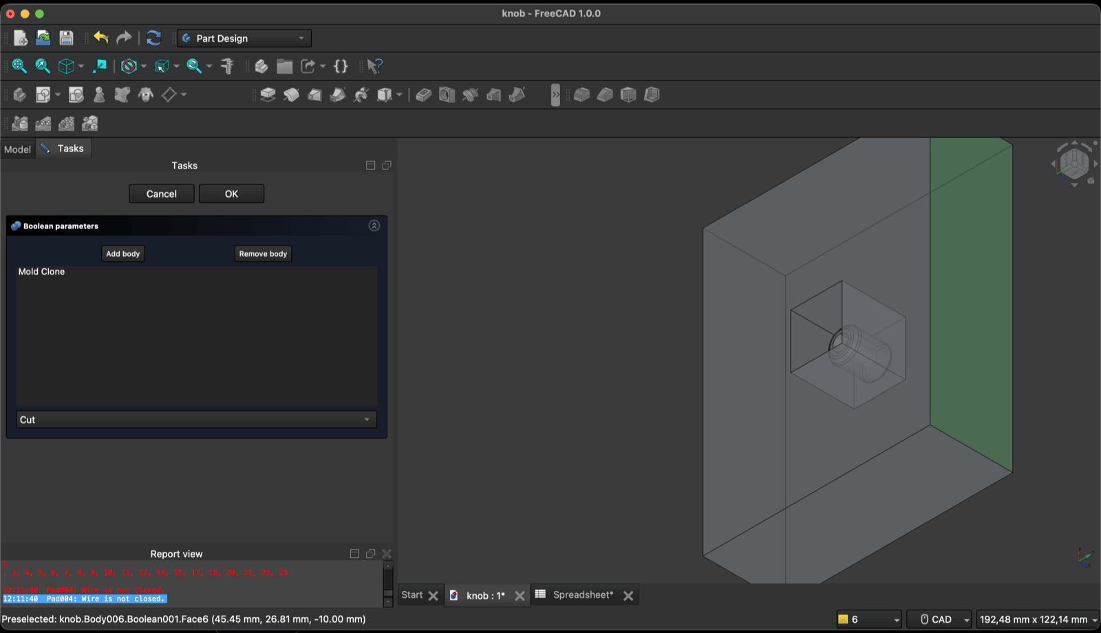 FreeCAD Boolean parameters dialog with the operation set to Cut, the stock block now showing the mold block and the knob as an internal cavity