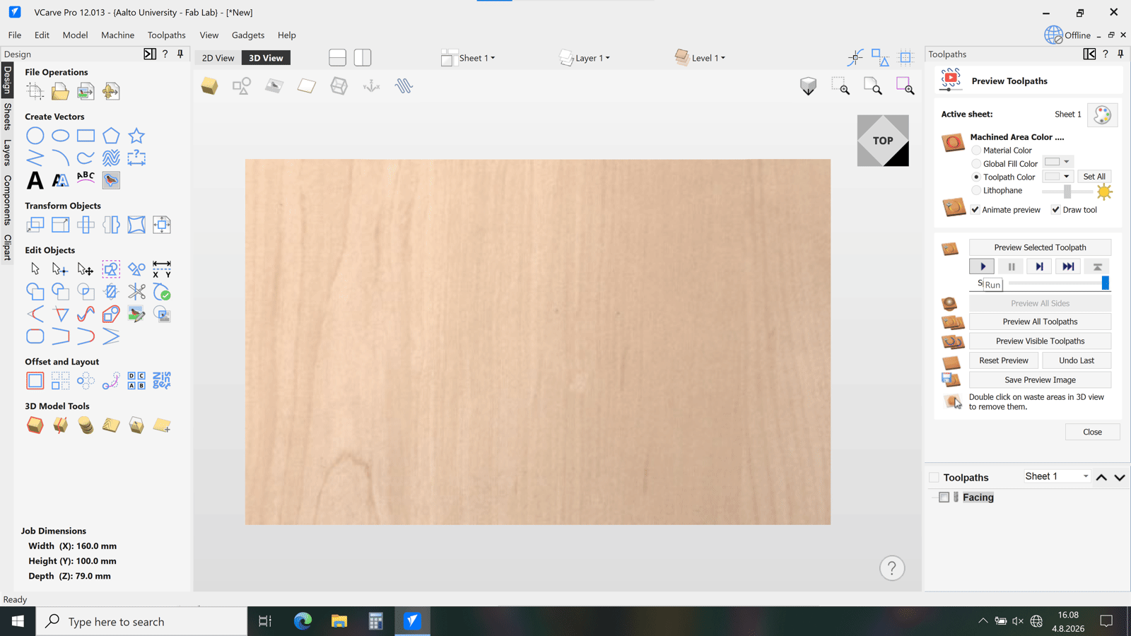 VCarve Pro toolpath preview panel with the Facing toolpath listed and the material rendered clean and flat