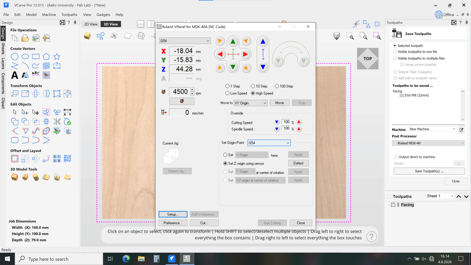 Roland VPanel for MDX-40A over VCarve, spindle at 4500 rpm, Set Z origin using sensor selected, with the Facing toolpath queued for saving through the Roland MDX-40 post processor