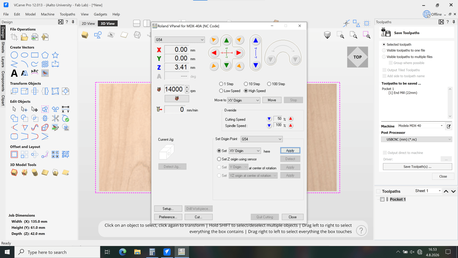VPanel and VCarve with a Pocket toolpath for a 135 by 61 mm wax block, cutting speed override at 50 percent, post processor set to USBCNC mm