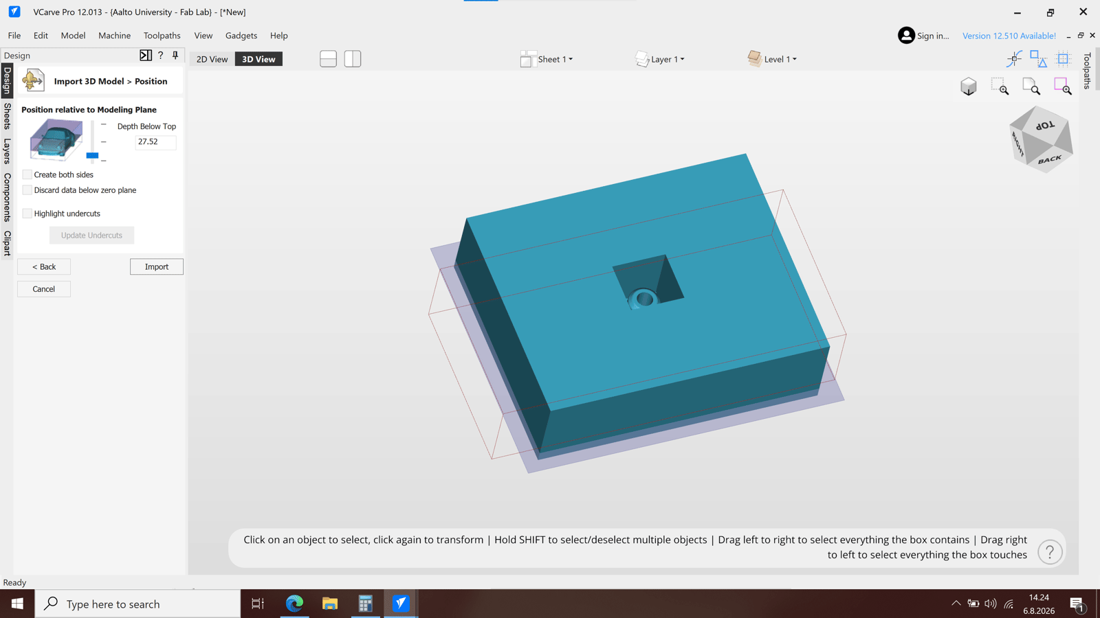 VCarve Import 3D Model dialog with the mold block positioned relative to the modeling plane, Depth Below Top 27.52 mm