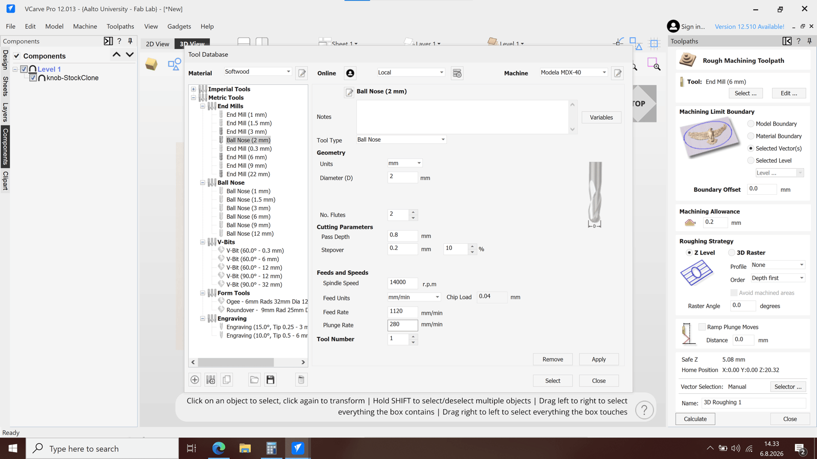 VCarve tool database showing a 2 mm ball nose with 2 flutes, pass depth 0.8 mm, stepover 0.2 mm, spindle 14000 rpm, feed 1120 mm per minute, plunge 280 mm per minute