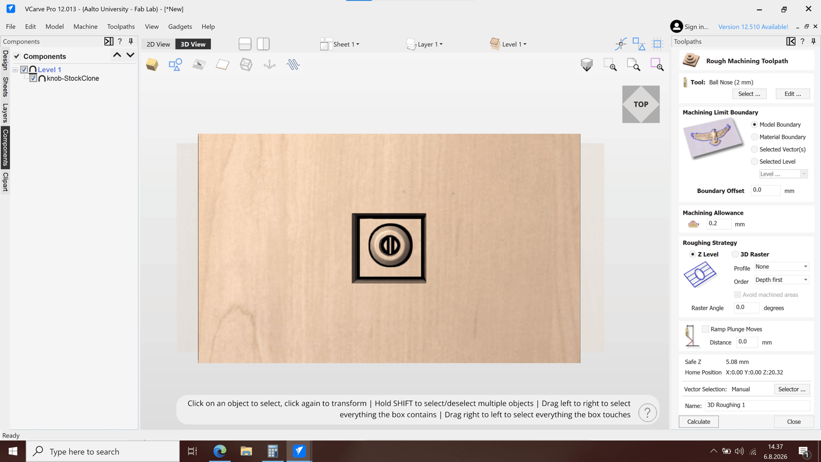 VCarve Rough Machining Toolpath panel with the 2 mm ball nose, model boundary, 0.2 mm machining allowance, Z level strategy, depth first