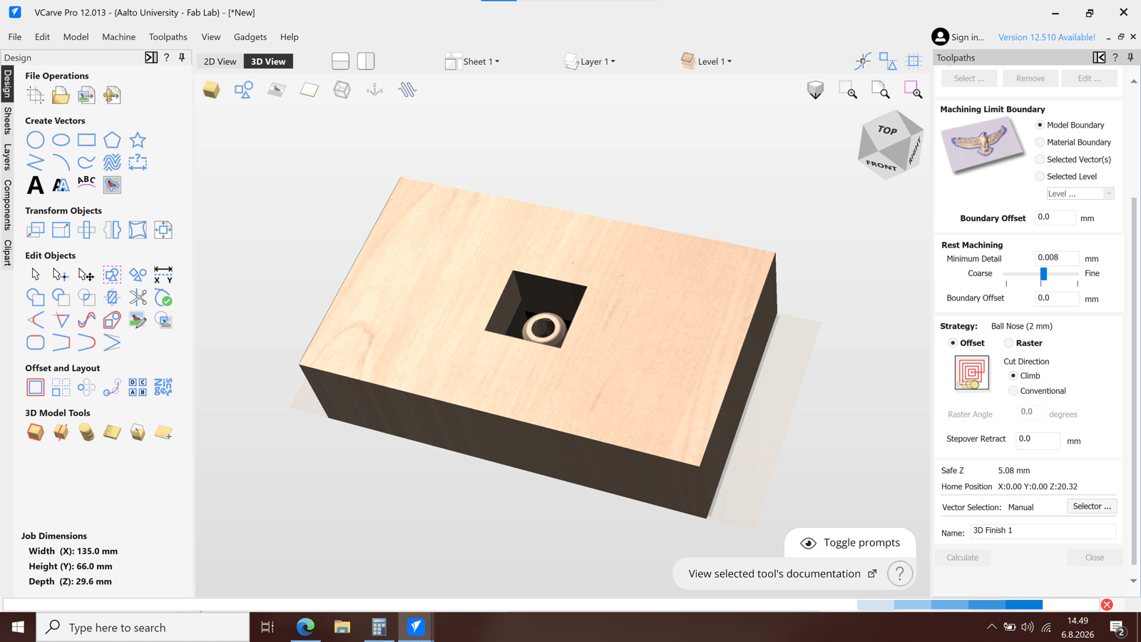 VCarve Finish Machining Toolpath panel with offset strategy, climb cut direction and rest machining minimum detail 0.008 mm, over a 3D view of the mold cavity