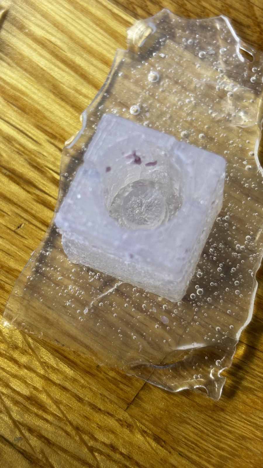 Top down view into the knob cavity of a silicone mold, a round opening with a central post standing in the middle