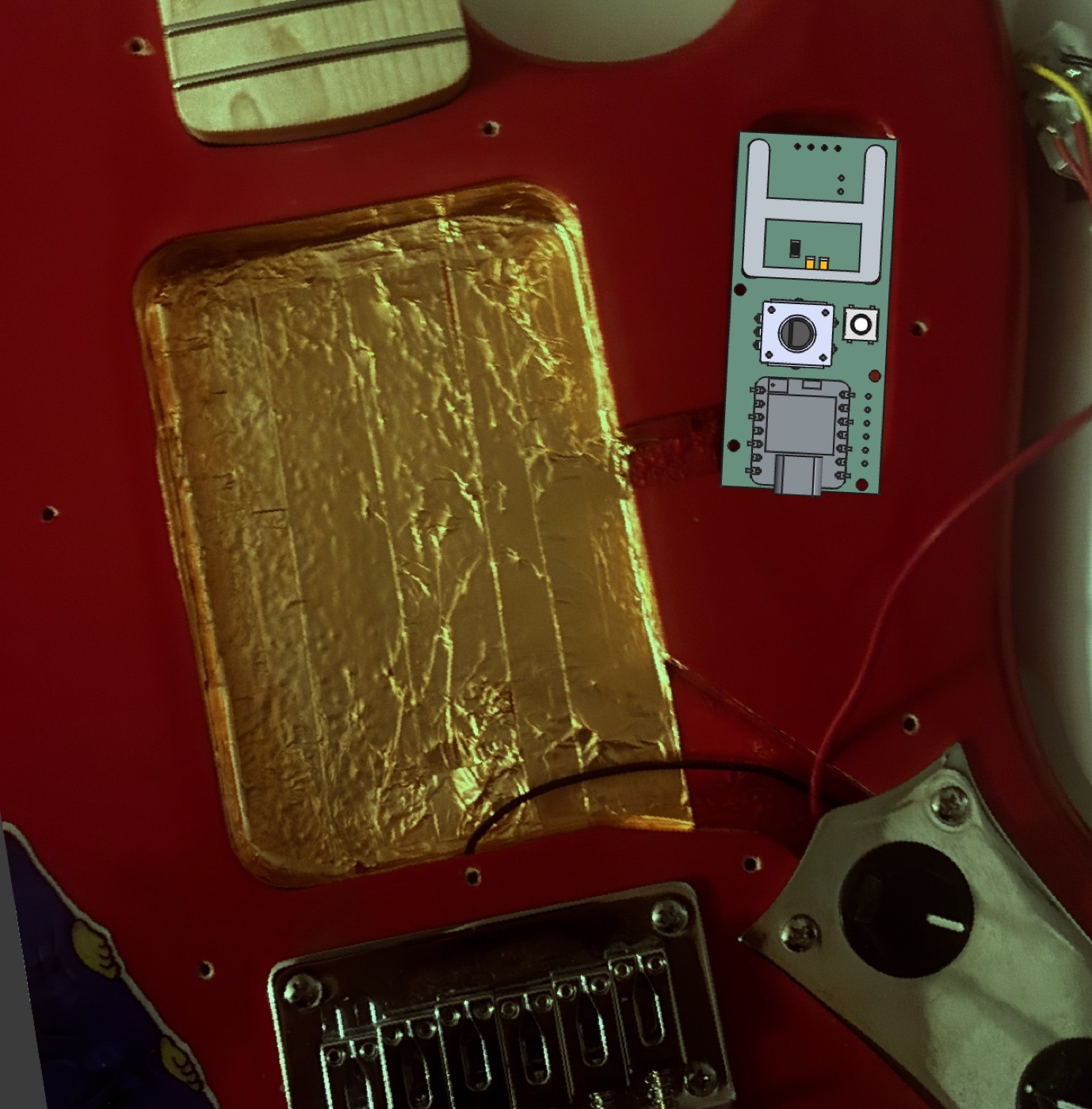 Composite mockup showing the Squier Mustang body with the controller PCB outline overlaid in the position where it will sit under the pickguard