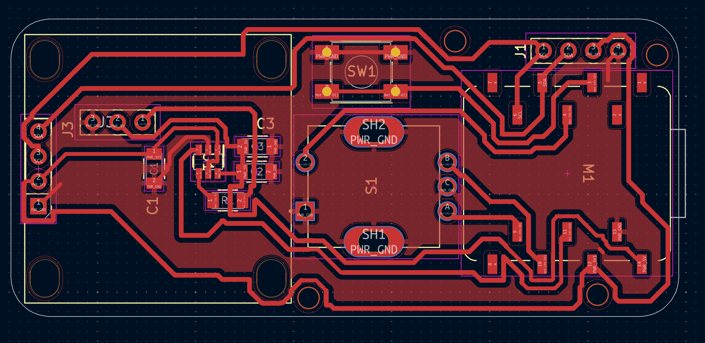 KiCad PCB layout of the MIDI controller board showing the routed traces, component footprints and board outline