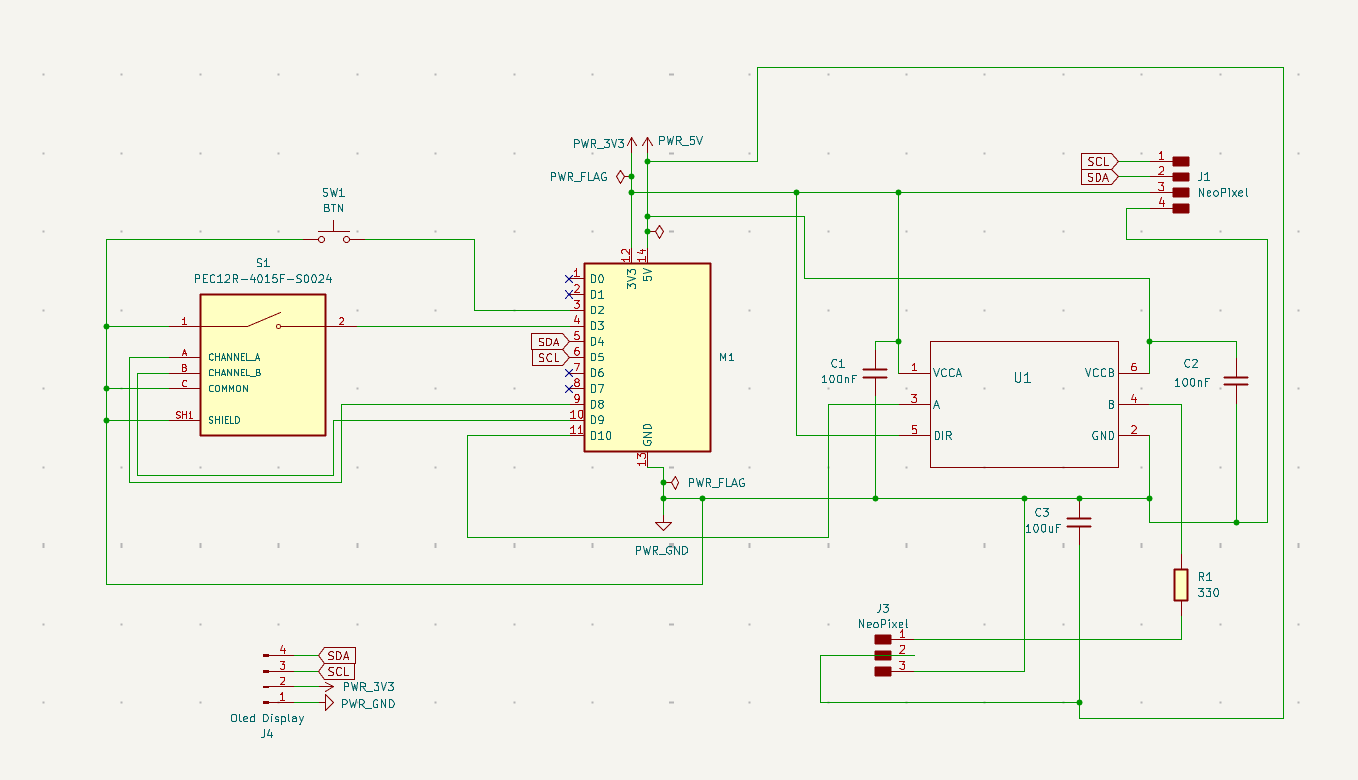 KiCad schematic of the MIDI controller showing the XIAO ESP32-S3, the VL53L4CD ToF sensor, the OLED, the rotary encoder, the button and the Neopixel ring with their connections