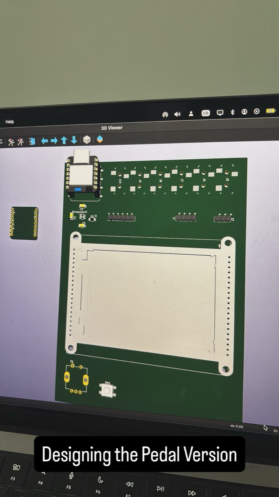 KiCad 3D viewer showing the first pedal-version receiver PCB, with a XIAO ESP32-S3 footprint at top-left, a large rectangular opening in the middle for the TFT, and a row of jack footprints across the top