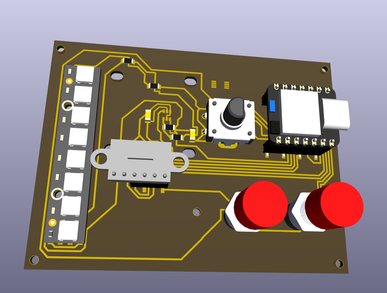 KiCad 3D render of the redesigned receiver board: a tall SSD1306 OLED module on the left, a rotary encoder in the middle, a XIAO ESP32-S3 with a USB-C port at top-right, and two large push-buttons at bottom-right