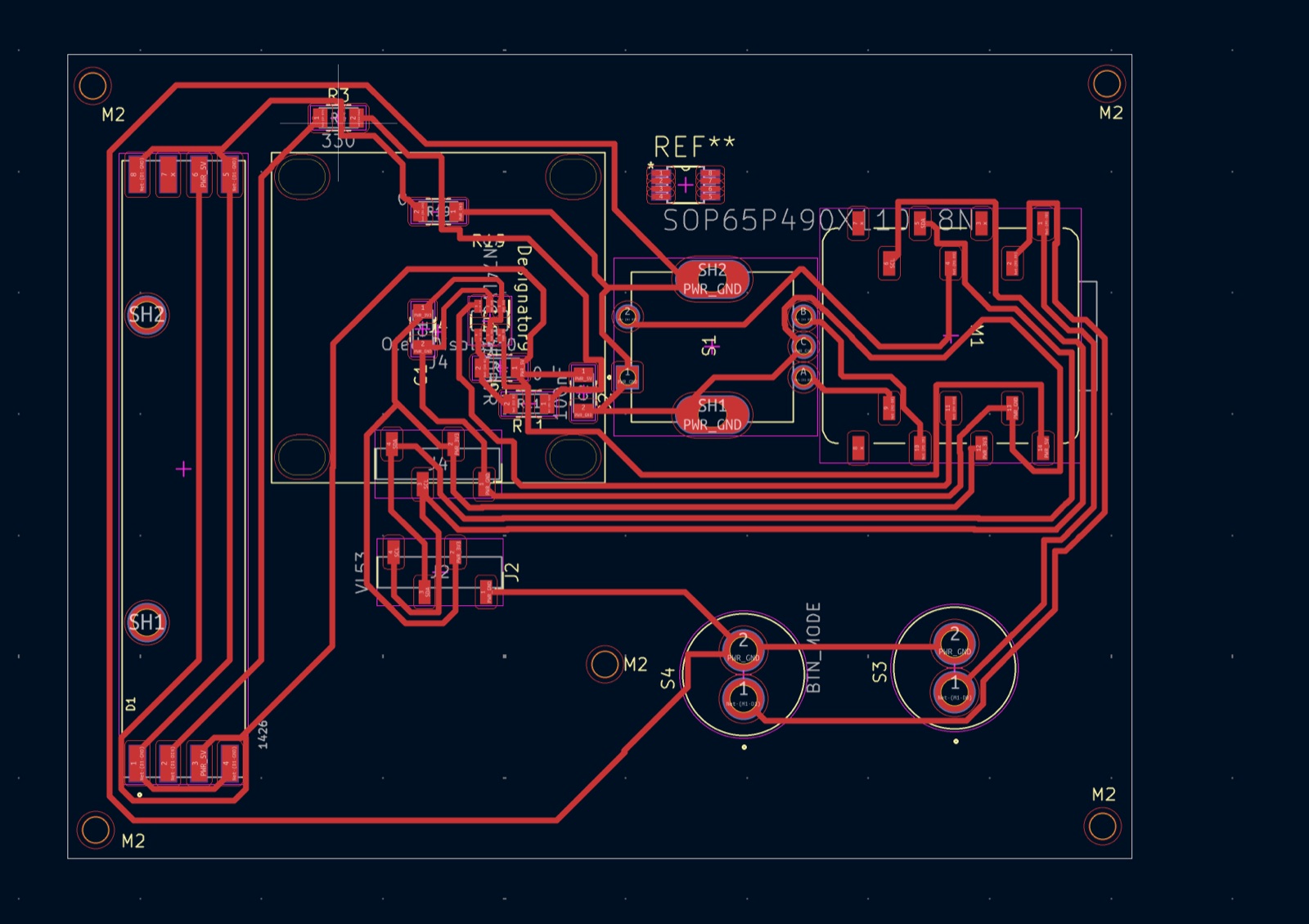 KiCad PCB editor showing the redesigned receiver layout, with red copper traces routed on a single-sided board, M2 mounting holes in the corners, the XIAO ESP32-S3 footprint, a rotary encoder, two buttons and the display and sensor footprints