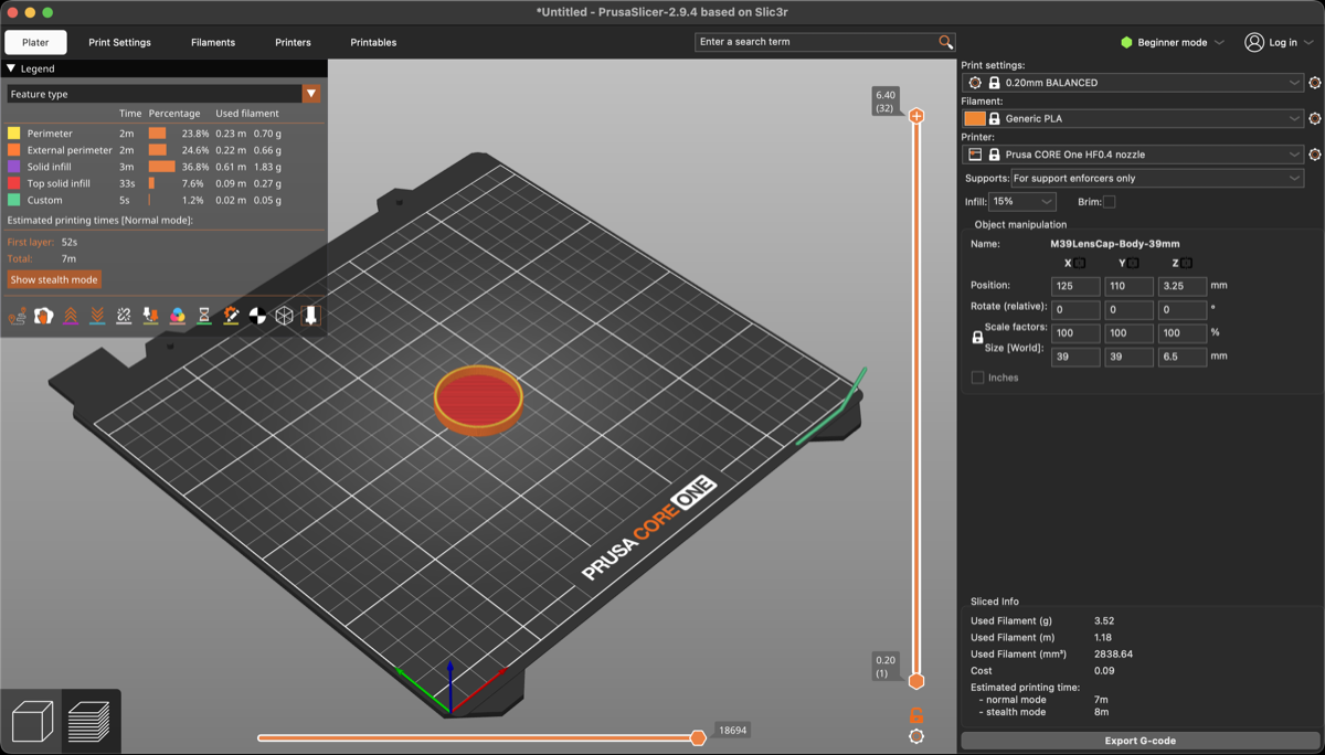 PrusaSlicer showing the sliced lens cap model with 0.2 mm layer height and 20% grid infill, layer preview visible