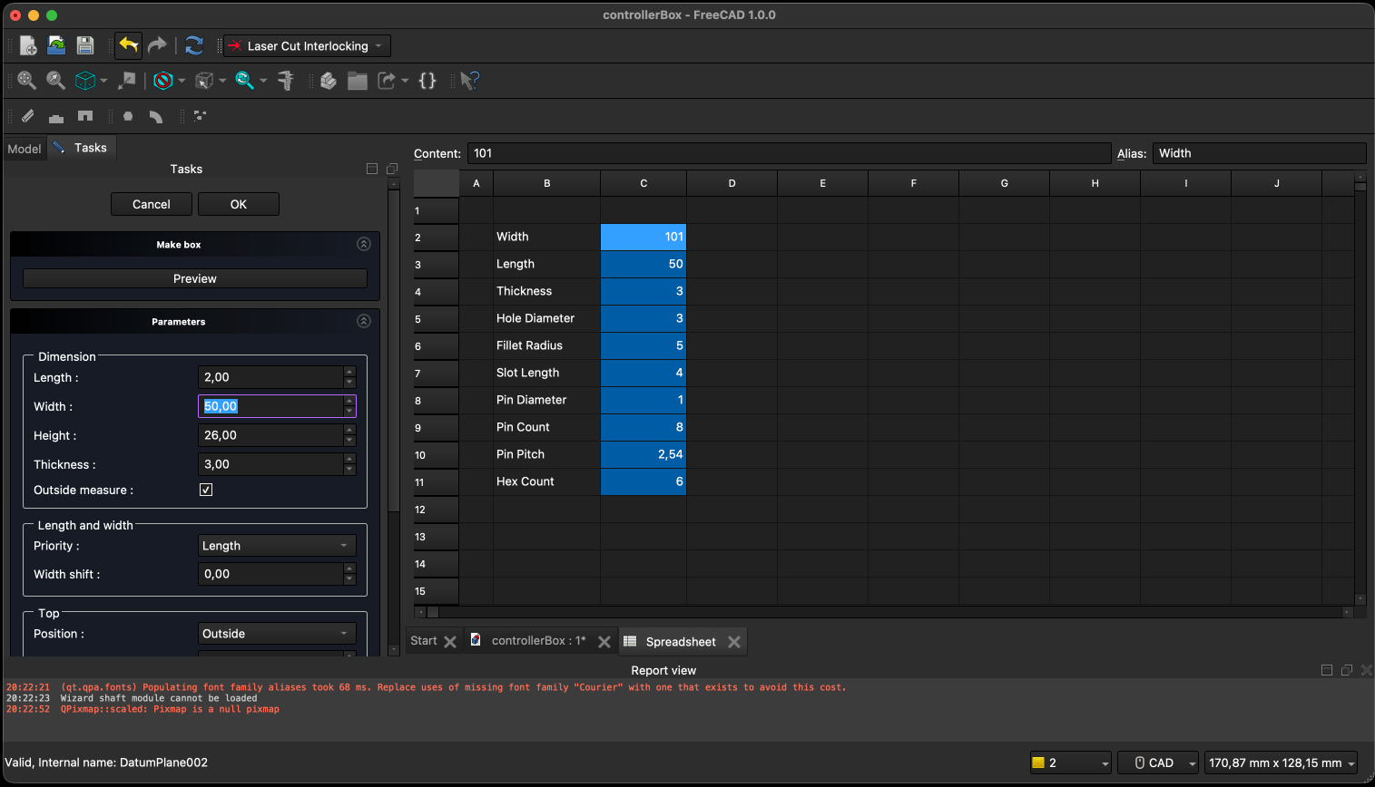 FreeCAD Spreadsheet workbench showing parameters like width, height, depth, and hole diameter linked to the 3D model